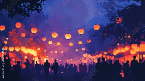 Silhouetted Crowd Enjoying Colorful Lantern Festival at Dusk Under Vibrant Night Sky
