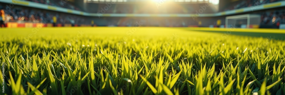 Soccer field with vibrant grass under the setting sun during a match in a stadium Soccer field with vibrant grass under the setting sun during a match in a stadium