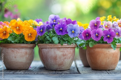 Wallpaper Mural Bright pansies in terracotta pots create a cheerful spring display on a rustic wooden table Torontodigital.ca