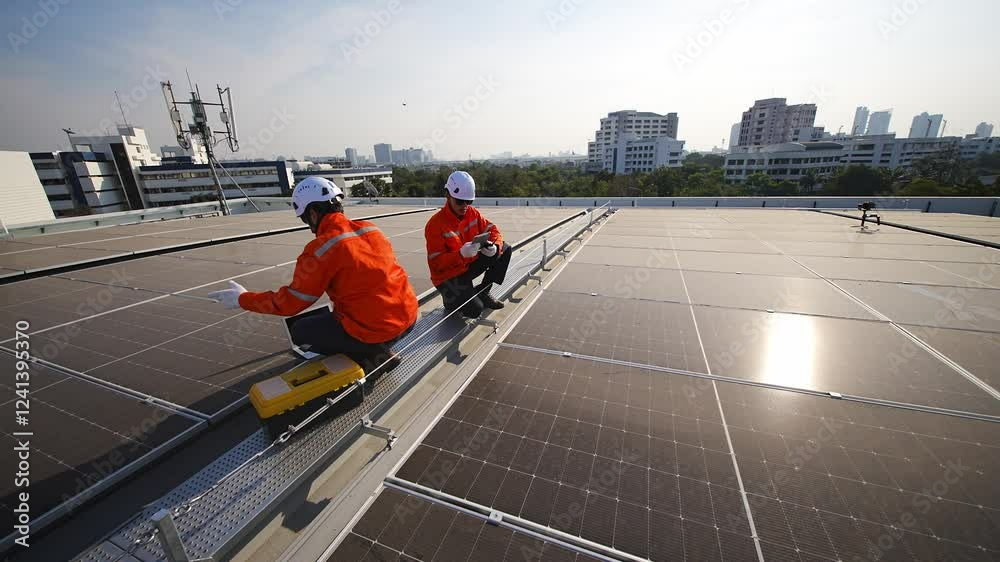 custom made wallpaper toronto digitalWorkers perform maintenance on solar panels at a rooftop installation site during the afternoon, workers dressed in bright safety gear inspect and maintain solar panels on a rooftop. The clear sky