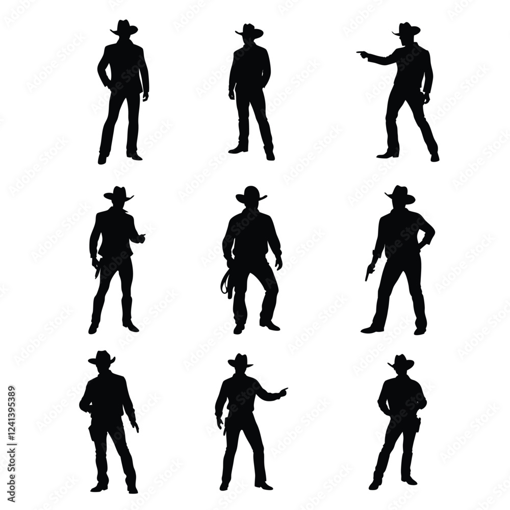 A set of Cow boy vector silhouette isolated,Cowboy in various action silhouette,black vector silhouette
Cow boy Vector Silhouette,Cow boy in various actions,Cow boy standing in various views.