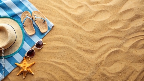 Beach items on a sandy background. Among the items laid out on a towel are a straw hat, glasses, and flip-flops.