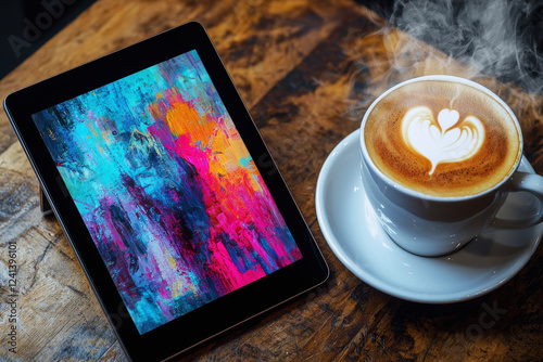 Vibrant digital artwork displayed on a tablet beside a steaming cup of coffee in a cozy café setting photo