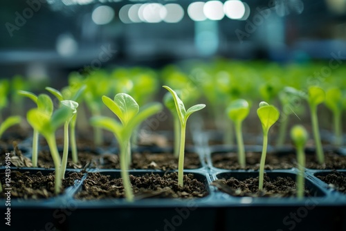 Small green seedlings growing in seed starting tray under lights in greenhouse environment photo