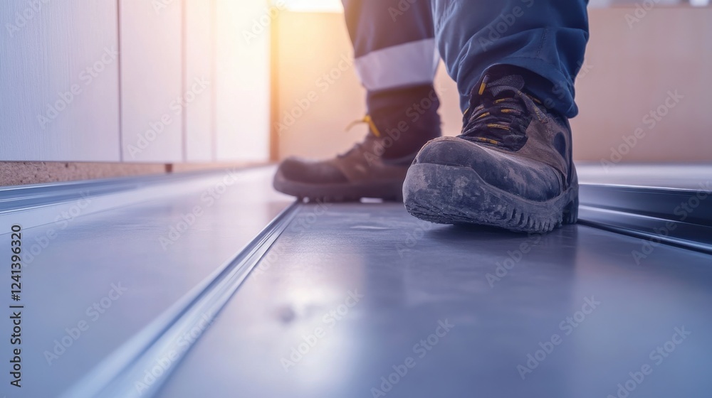 Person Measuring Wall in Indoor Home Project Setting Person Measuring Wall in Indoor Home Project Setting
