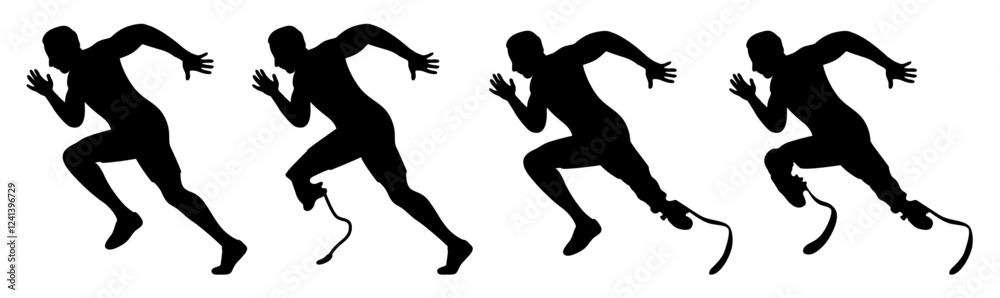 Man runner, young athletes run in a race, disabled athlete on prosthesis running silhouettes Man runner, young athletes run in a race, disabled athlete on prosthesis running silhouettes