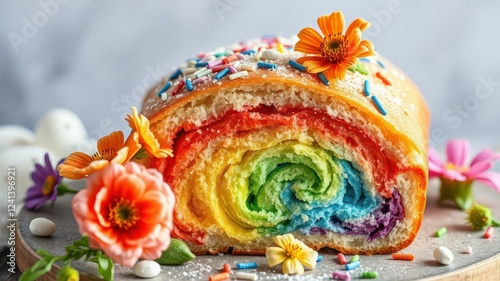 Delightful rainbow bread adorned with flowers and sprinkles showcases vibrant colors in a charming presentation photo