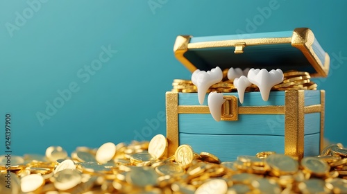 Tooth Fairy's Enchanting Treasure Chest Overflowing with Shiny Coins and Teeth