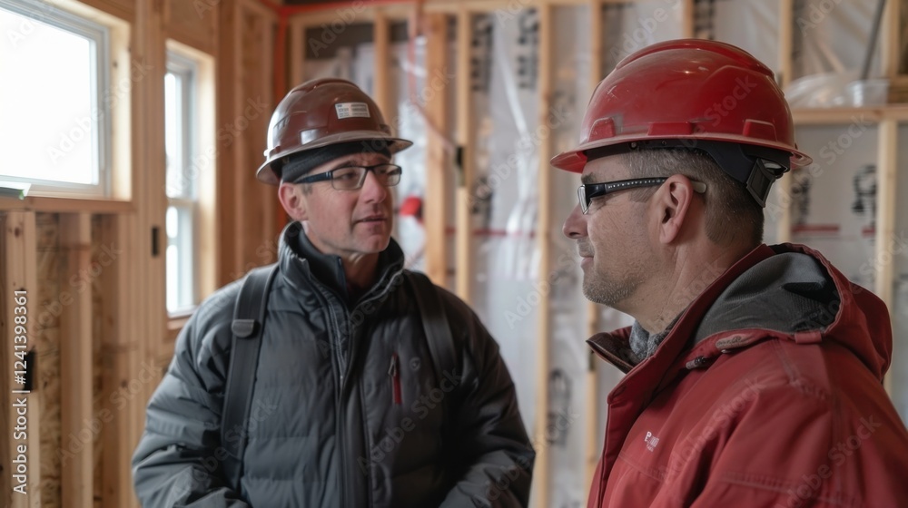Client and engineer discussing ventilation systems in a room under construction Client and engineer discussing ventilation systems in a room under construction