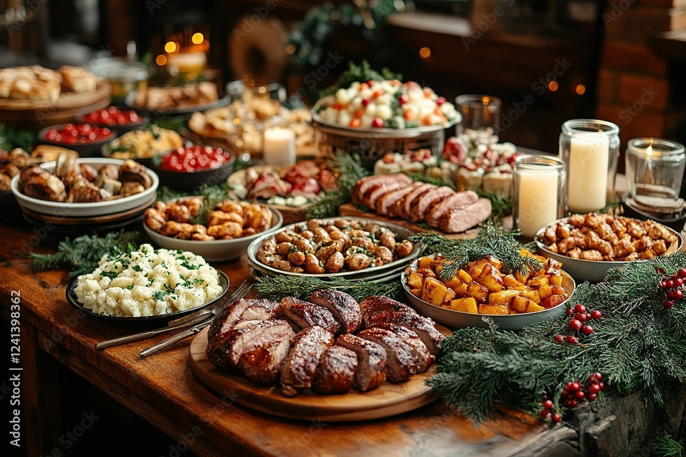 Obraz premium A bountiful holiday feast featuring roasted meats potatoes and an array of side dishes The table is adorned with festive greenery