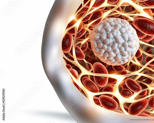 Microscopic views of white blood cells in the bloodstream display an activated monocyte migrating through the blood vessel. photo