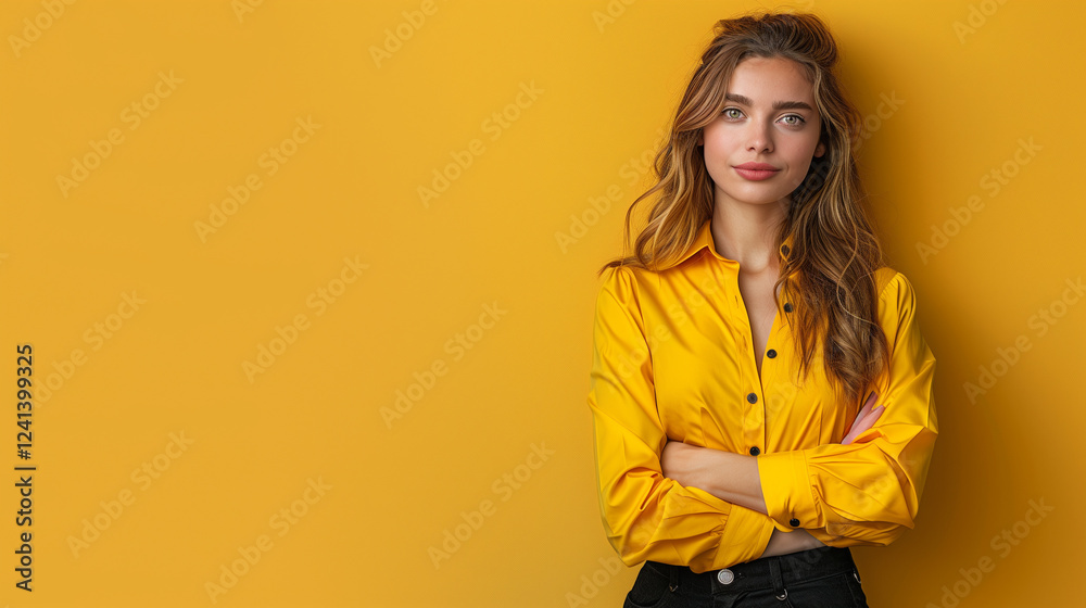 Confident Businesswoman in Yellow Shirt Posing with Copy Space on Solid Yellow Background Confident Businesswoman in Yellow Shirt Posing with Copy Space on Solid Yellow Background