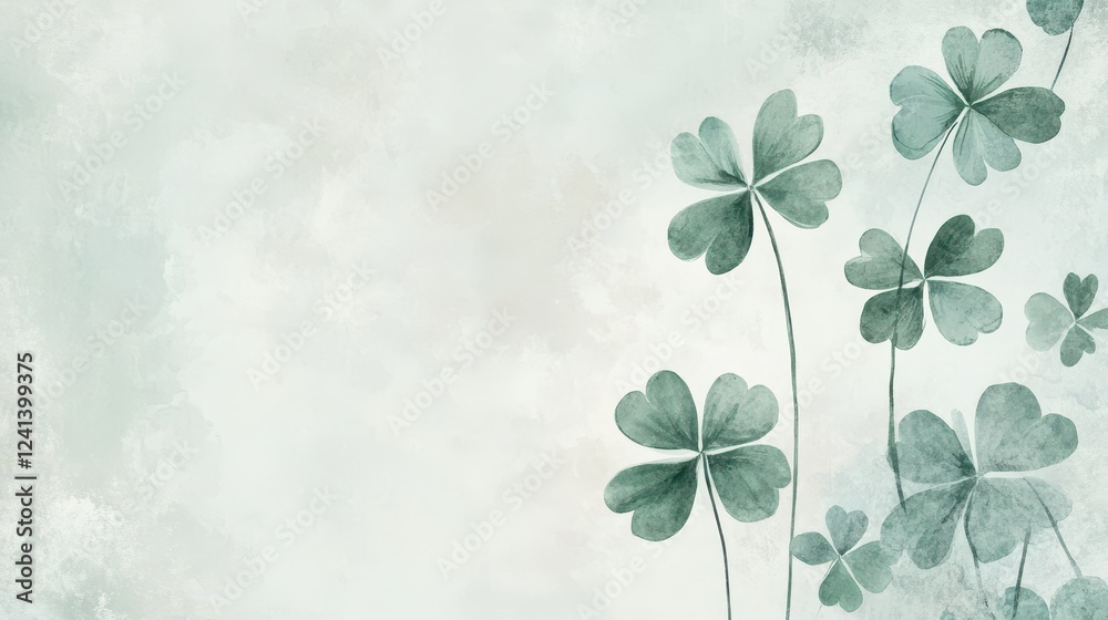 Fototapeta premium Hand-Drawn Artistic Clover Leaves on Subtle Watercolor Background for Elegant Design and Nature Projects