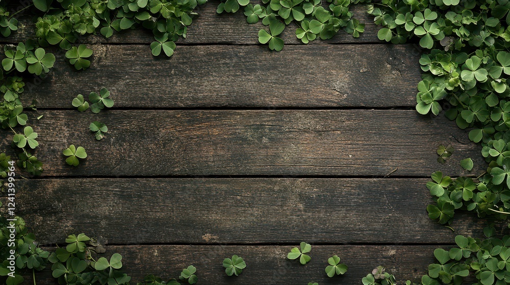 Bright Green Clover Leaves Scattered Over Wooden Background Creating Natural Texture and Fresh Feel Bright Green Clover Leaves Scattered Over Wooden Background Creating Natural Texture and Fresh Feel