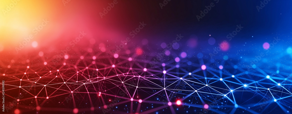 Obraz premium Abstract background with glowing grid and digital data, featuring vibrant colors and interconnected lines. This visually striking image evokes sense of technology and innovation