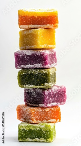 Colorful barfi varieties stacked vertically with visible texture and layers, highlighting the richness and sweetness of this festive Indian dessert on a clean white backdrop. photo