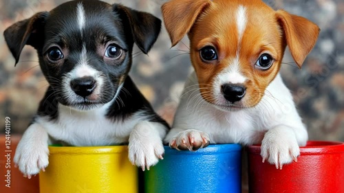 Cute puppies playing in colorful containers, showcasing their playful nature and charm indoors