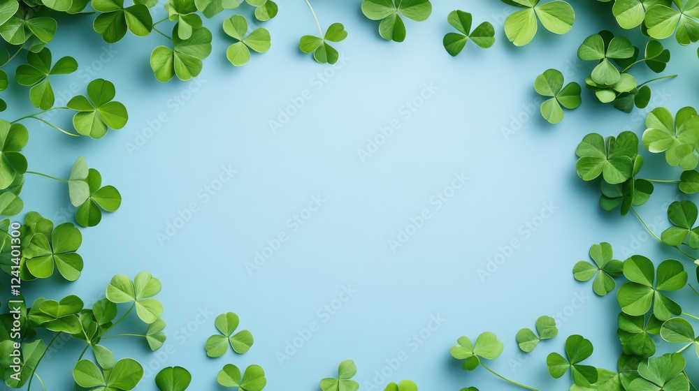 Elegant Clover Leaves Forming a Decorative Border on a Soft Blue Background Elegant Clover Leaves Forming a Decorative Border on a Soft Blue Background
