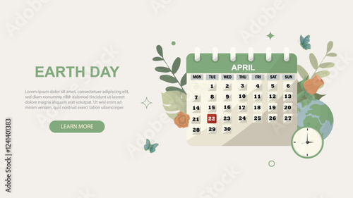 Earth Day April Calendar Banner with Nature Elements. Earth Earth day calendar. April 22 event. Eart day banner. Flat style. Vector illustration.