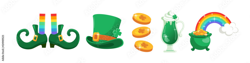 Set elements for St. Patrick s Day, vibrant vector illustration featuring buckled shoes and a leprechaun hat, shimmering coins, green beer, and a pot of gold at the end of a rainbow. four-leaf clovers