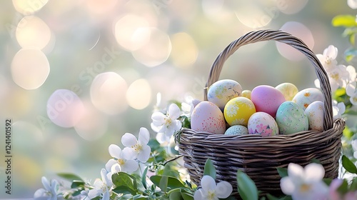 A beautiful Easter basket filled with colorful eggs, surrounded by blooming flowers and soft pastel hues