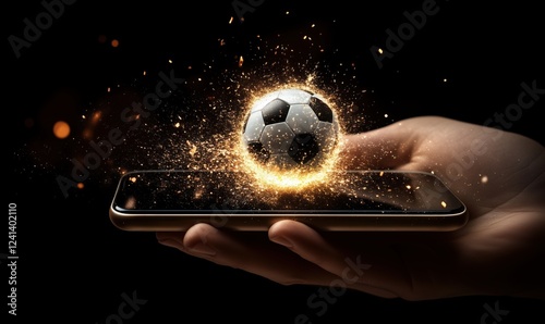 High resolution mobile phone with soccer ball flying out, isolated on black background for online sports concept