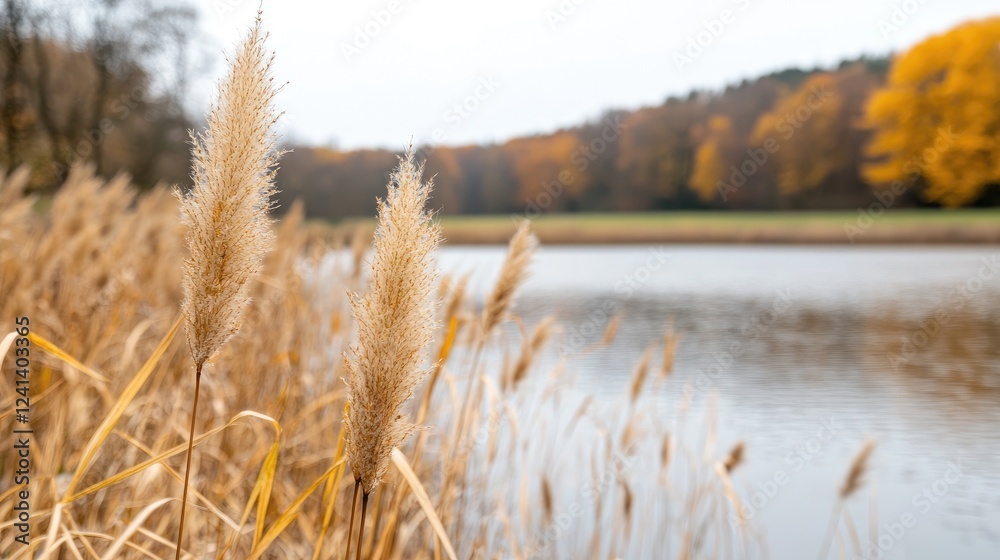 Autumn reeds by calm lake, fall foliage background. Nature scene for calendar, website Autumn reeds by calm lake, fall foliage background. Nature scene for calendar, website