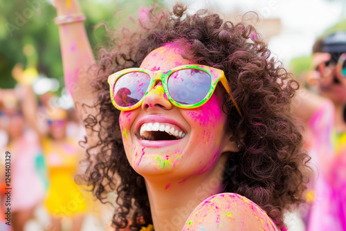 A joyful young woman with curly hair, wearing a yellow t-shirt and sunglasses, celebrates Holi Festival covered in colorful powder. Perfect for festive, carefree, or vibrant cultural themes photo