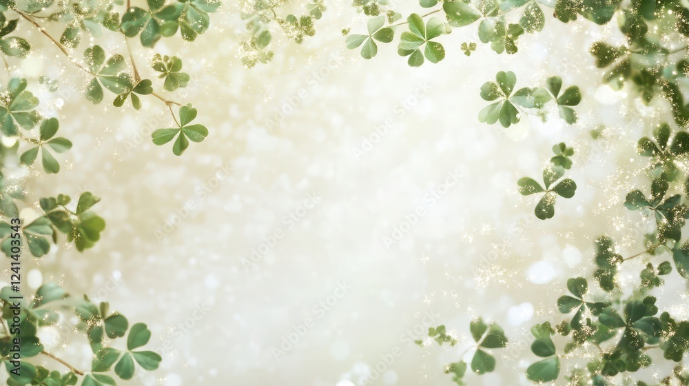 Fototapeta premium Fresh Clover Leaves with a Light Dusting of Gold Glitter for a Magical and Serene Nature Background