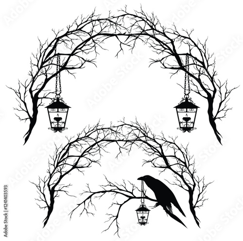 bare tree branches forming arch entrance with hanging antique style lamps and raven bird - spooky halloween forest vector design set