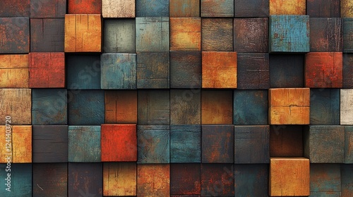 Colorful rustic wooden cube wall texture.