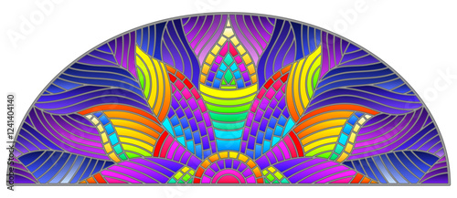 Illustration in stained glass style with bright red abstract rainbow on blue wavy background