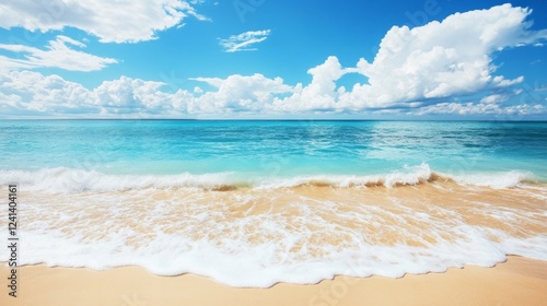 Pristine beach with clear blue water and sky under fluffy clouds
