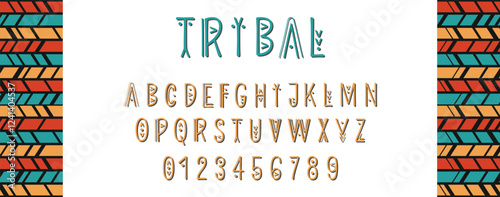 Alfabeto moderno en estilo étnico hecho de líneas de diferentes grosores. Fuente geométrica tribal. Letras y números étnicos en inglés. Inspirado en Perú, África y símbolos tribales.