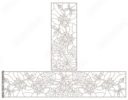 Set contour illustrations of stained glass with flowers  Lotus with dragonflies , dark outline on a white background