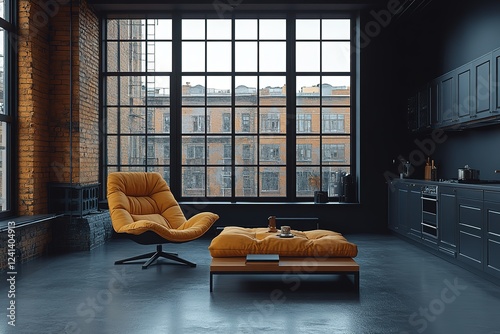 Relaxing loft apartment with large windows mustard-colored armchair and modern kitchen