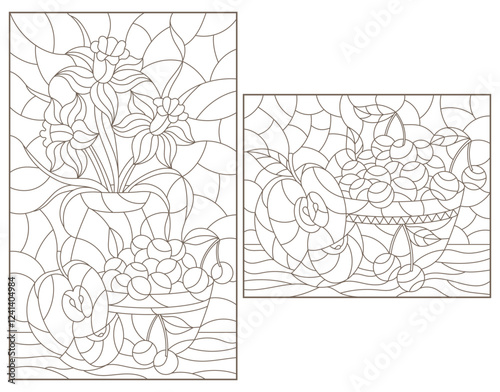 Set of contour illustrations of stained glass Windows with still lifes, flowers and fruits, dark outlines on a white background