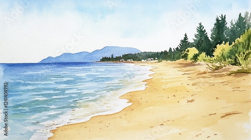 Serene watercolor beach landscape painting with calm ocean, sandy shore, and distant mountains.
