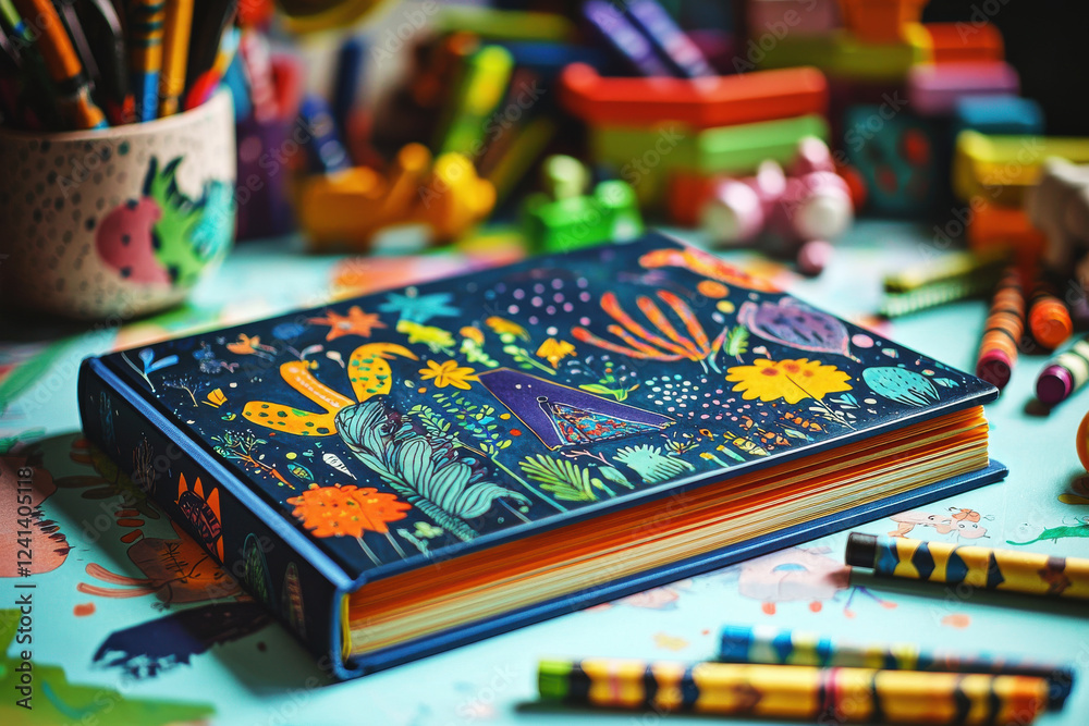 Fototapeta premium Colorful children's book surrounded by crayons and toys on a lively playtable
