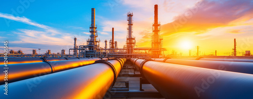 Industrial plant with oil and gas pipes at sunset, showcasing vibrant colors and structures. scene captures essence of energy production and industrial activity