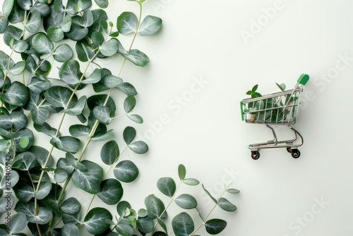 A shopping cart with multiple items against a clean white background, symbolizing simplicity and minimalism. photo