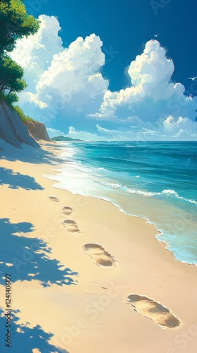 Serene beach footprints under umbra of trees and sky