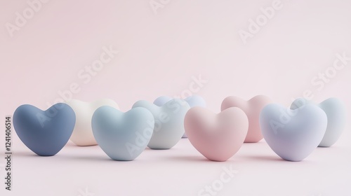 3D clay heart shapes in soft matte textures, a pastel Valentine's background with a smooth plasticine style, ideal for romantic designs and holiday decor.