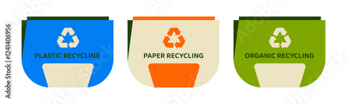 Set of three recycling bins labeled for plastic, paper, and organic waste. A conceptual illustration promoting sustainability, waste management, eco-friendly living through proper recycling practices