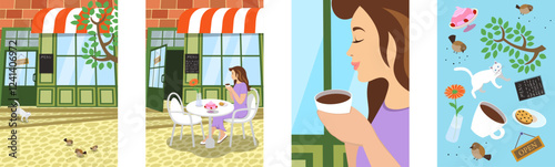 Charming cafe scene featuring smiling woman sipping espresso at sunlit table, embracing peaceful morning. Ideal for vector art, decorative prints and coffee shop themed promotions.