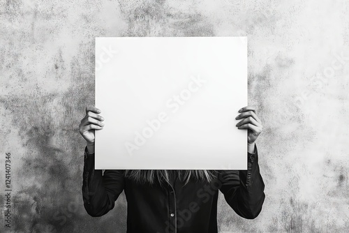 Mysterious Person Holding Blank Square Canvas in Front of Her Face against a Textured Background - Copy Space