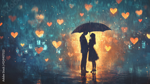 Romantic Valentine's scene with a couple under an umbrella in the rain, glowing hearts-1