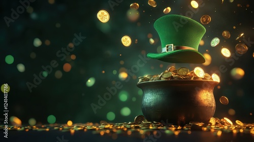 Wallpaper Mural 3D Render of Golden Coins Pouring Out from a Pot with a Green Hat Against a Glimmering Background Torontodigital.ca