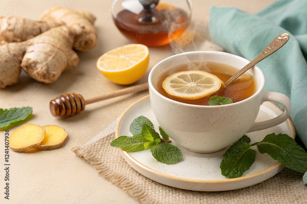 Ginger Tea with Lemon and Mint Garnish Ginger Tea with Lemon and Mint Garnish
