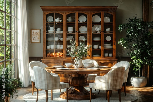 Sunlit dining room with a large wooden table surrounded by chairs and a beautiful china cabinet filled with dishes